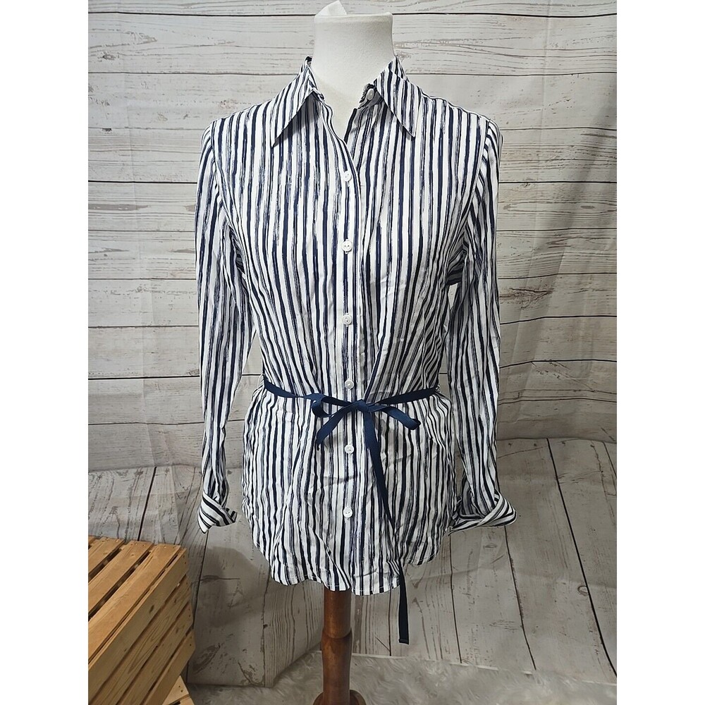 NWOT Foxcroft Women's Long Sleeve Button Front Belted Shirt Stripe Fitted Size 6